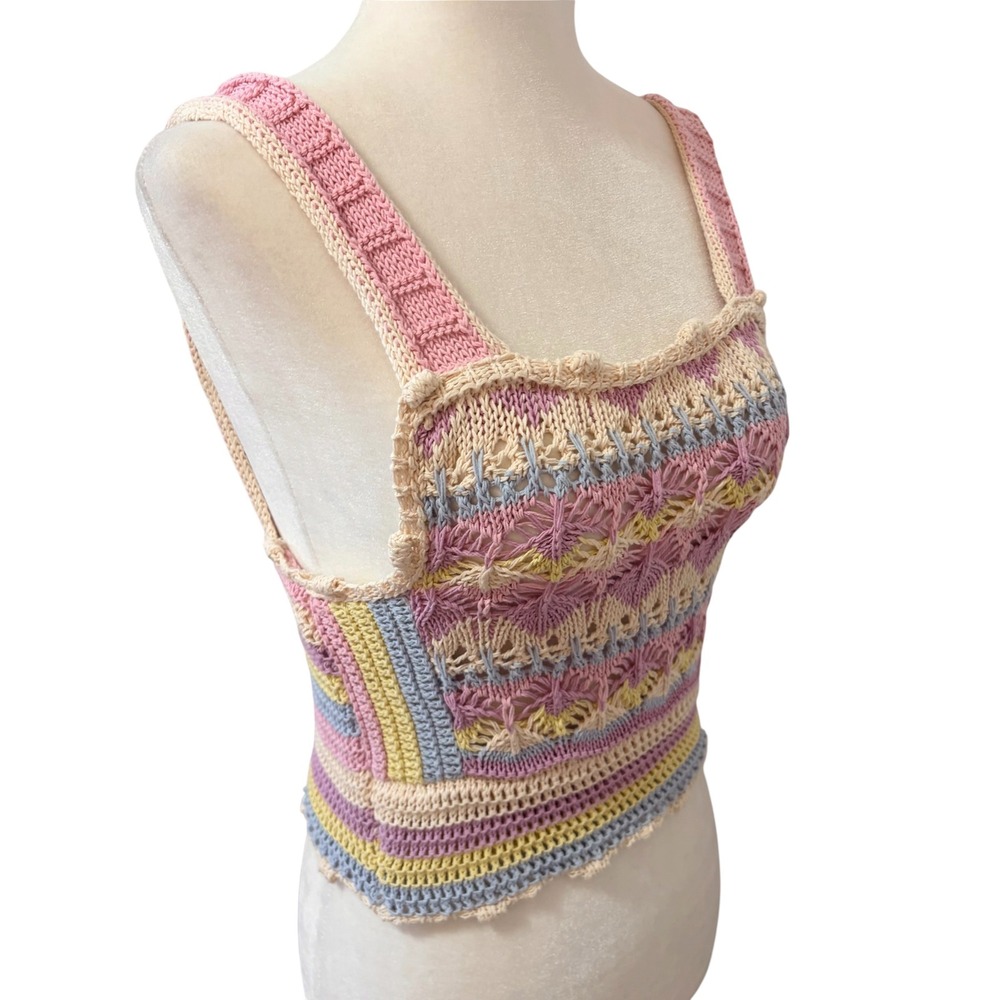 Zara Pastel Crochet Knit Small Crop Top Multi Color Boho Summer Cotton Tank - Picture 4 of 8